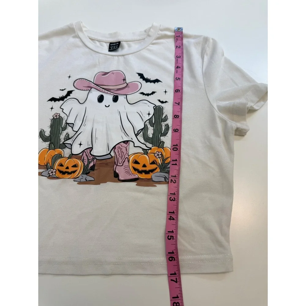 White Halloween Cowboy Ghost Crop Top Tee Pink Hat Boots Size M US‎ 6